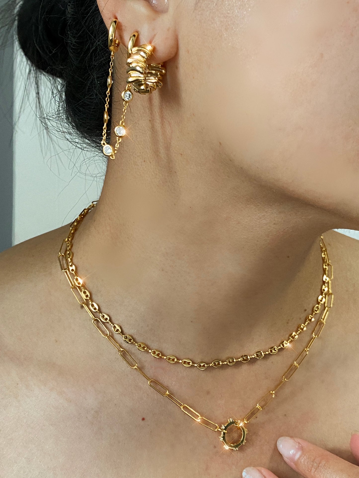 18K Gold Zircon Ring Paper Clip Chain Necklace