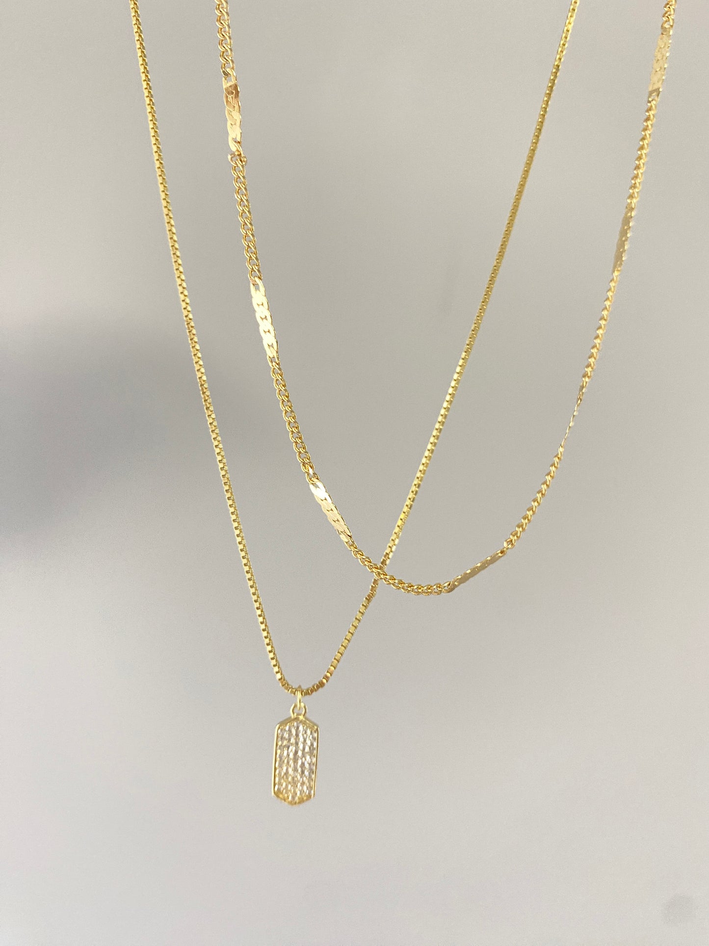 Ripple chain & Pave diamond small dog tag necklace set