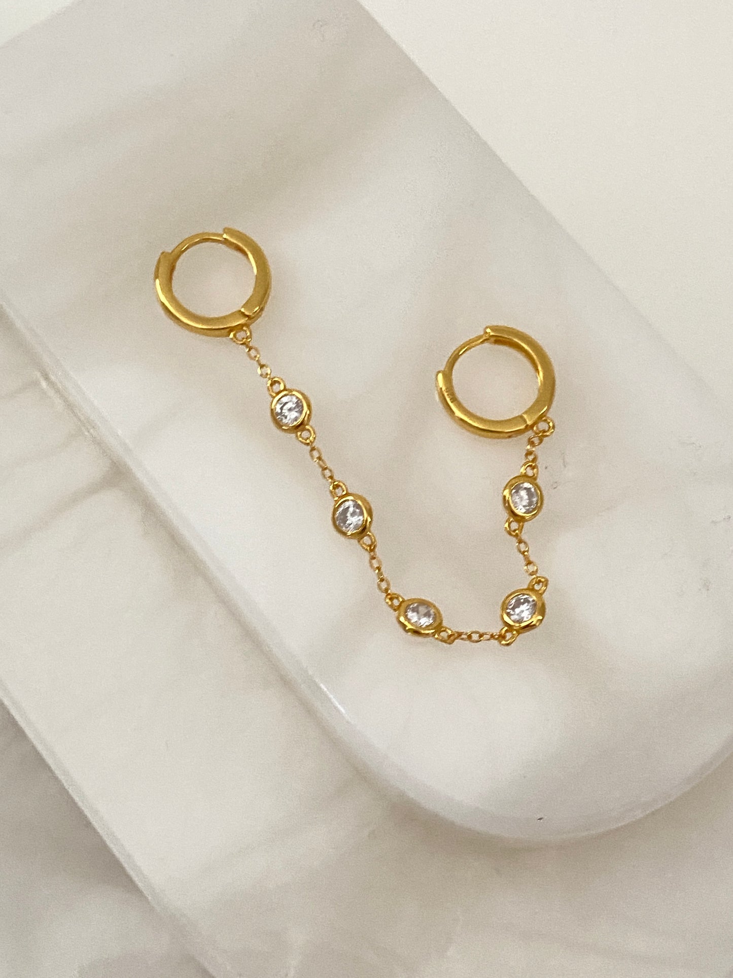 18K Gold Zircon Chain Double Huggie Earrings