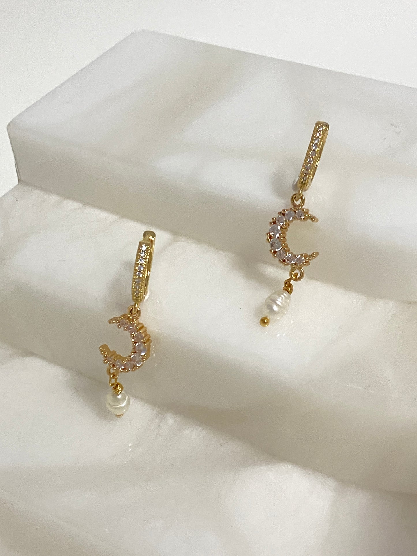 14K Pave Diamond Hoop Crescent Moon Earrings