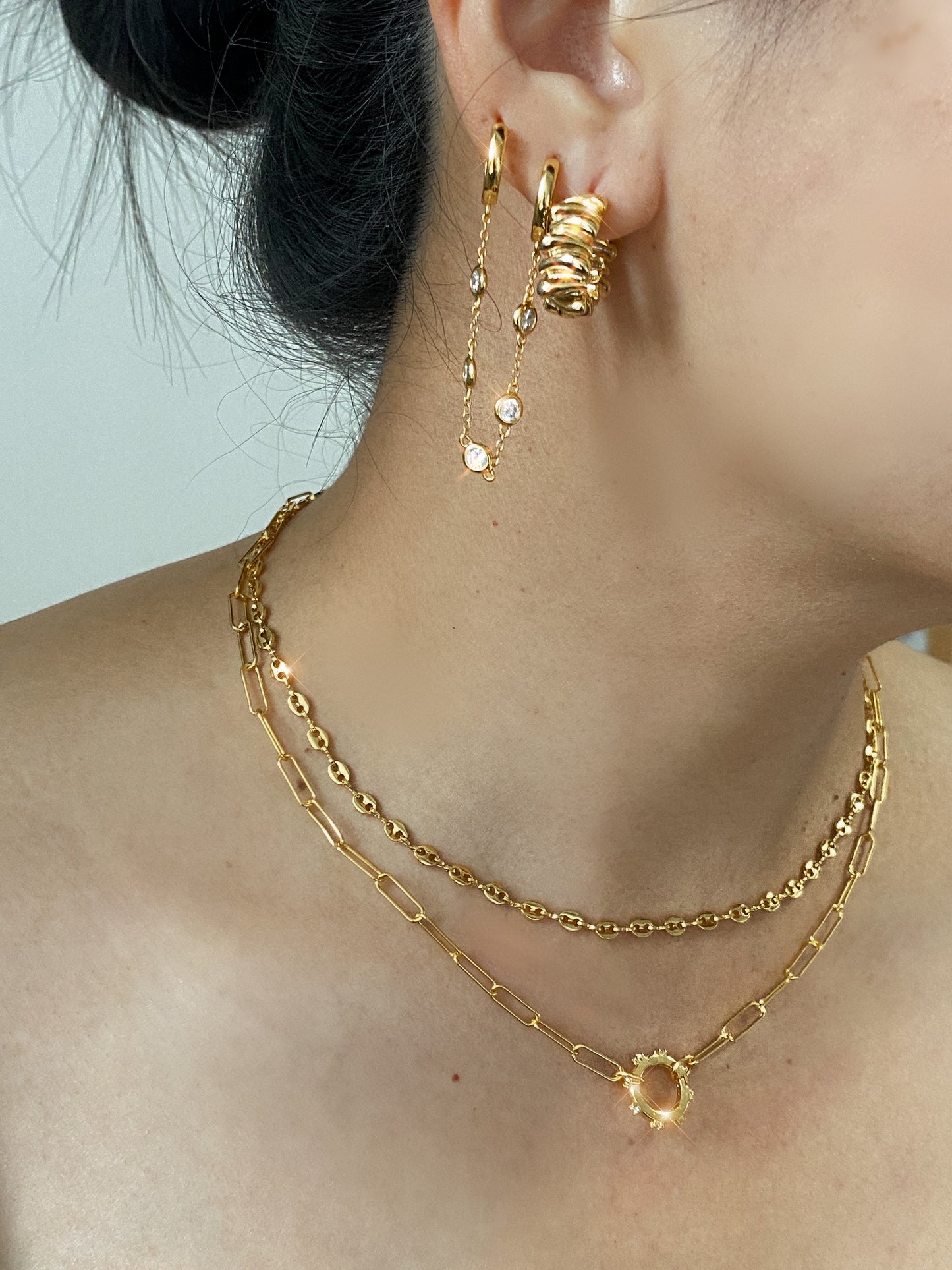 18K Gold Zircon Ring Paper Clip Chain Necklace