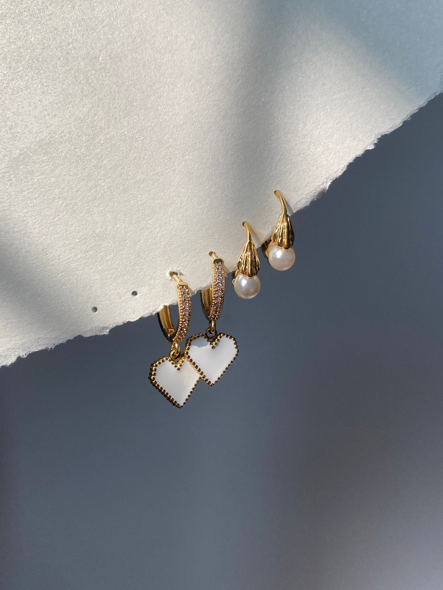 Enamel Heart Charm Hoop Earrings & Pearl Shell Huggies