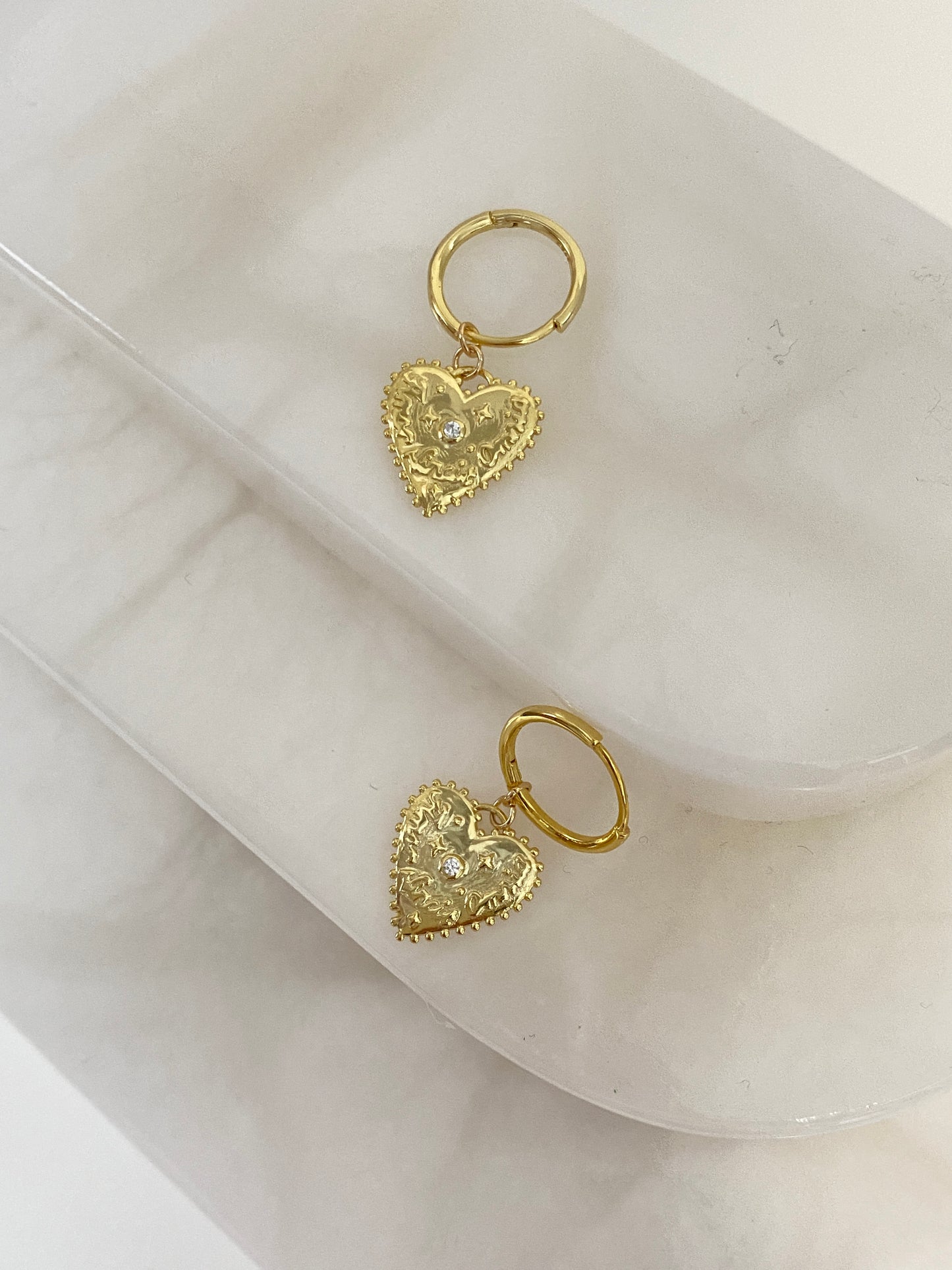 14K Gold Heart Charm Hoop Earrings