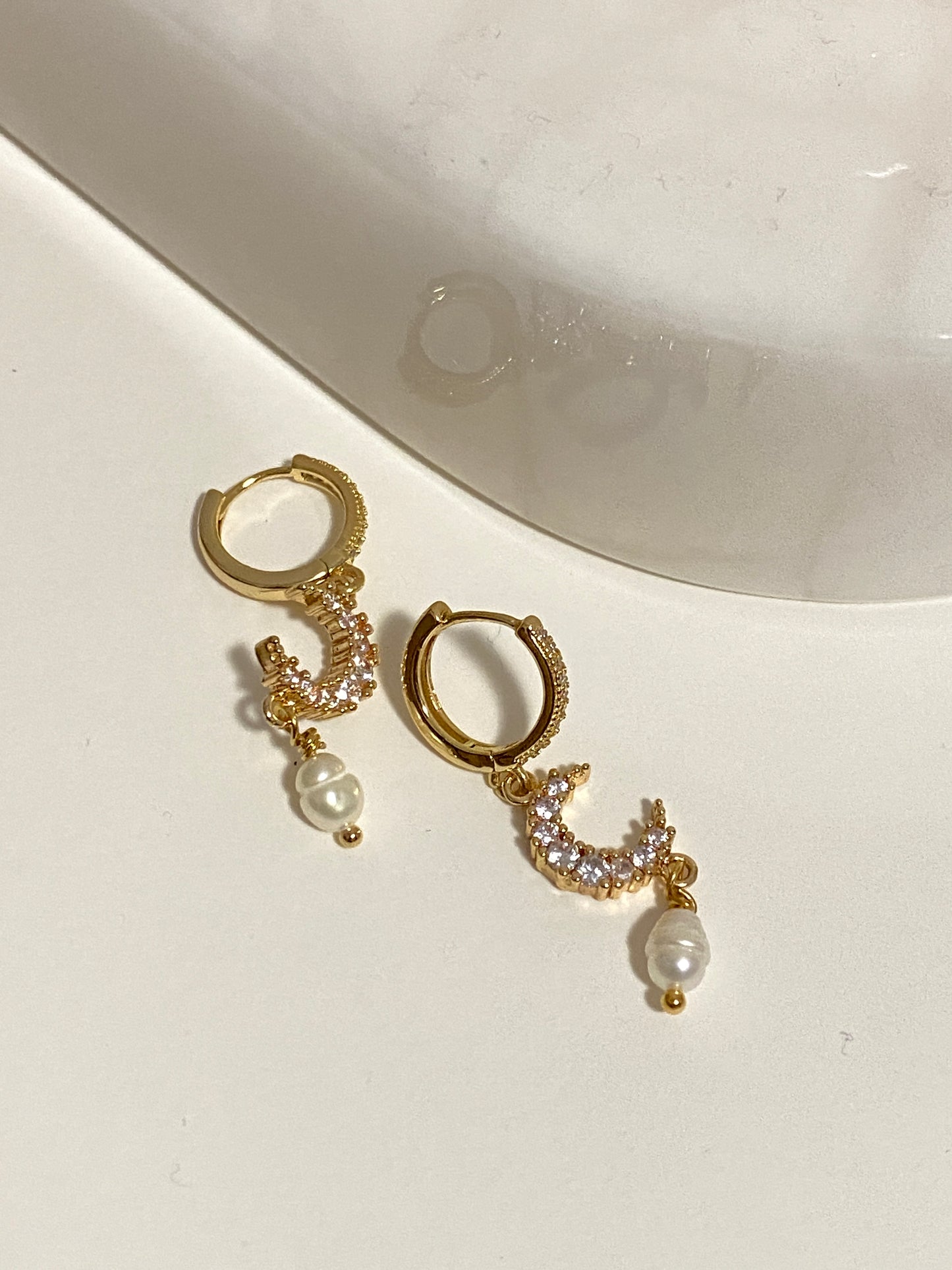 14K Pave Diamond Hoop Crescent Moon Earrings