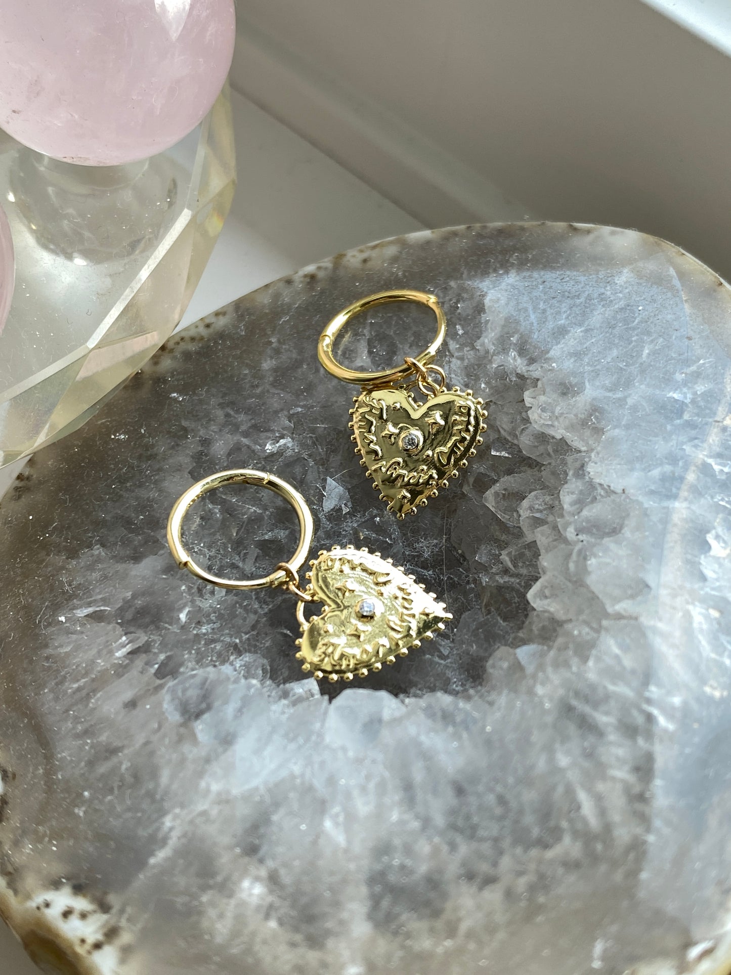 14K Gold Heart Charm Hoop Earrings