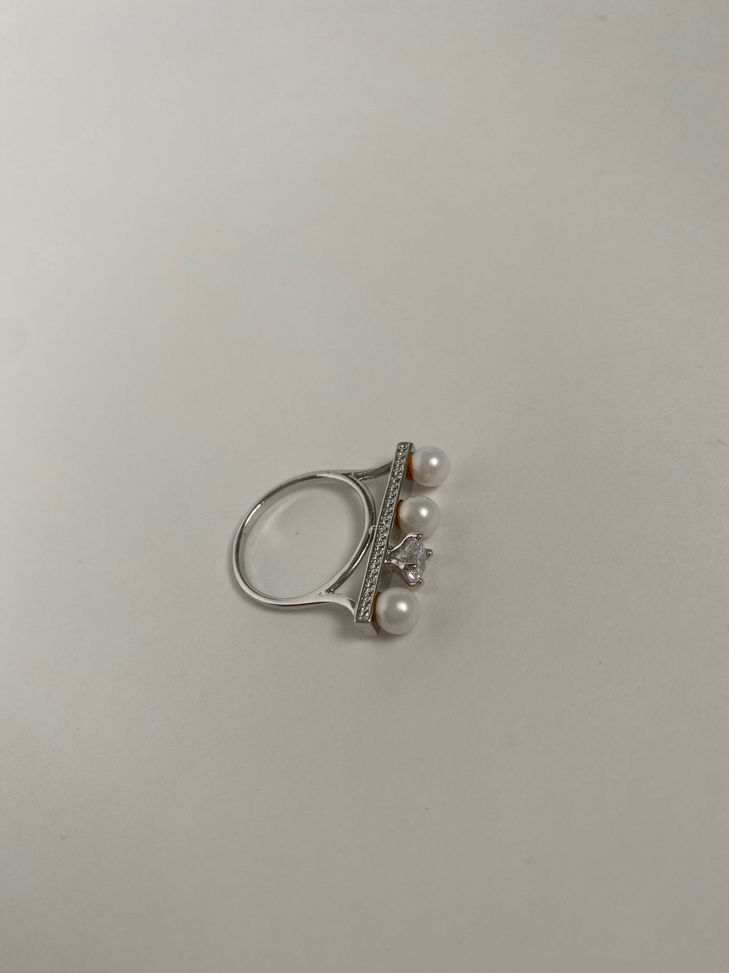 Pearl Diamante Bar Ring - Silver