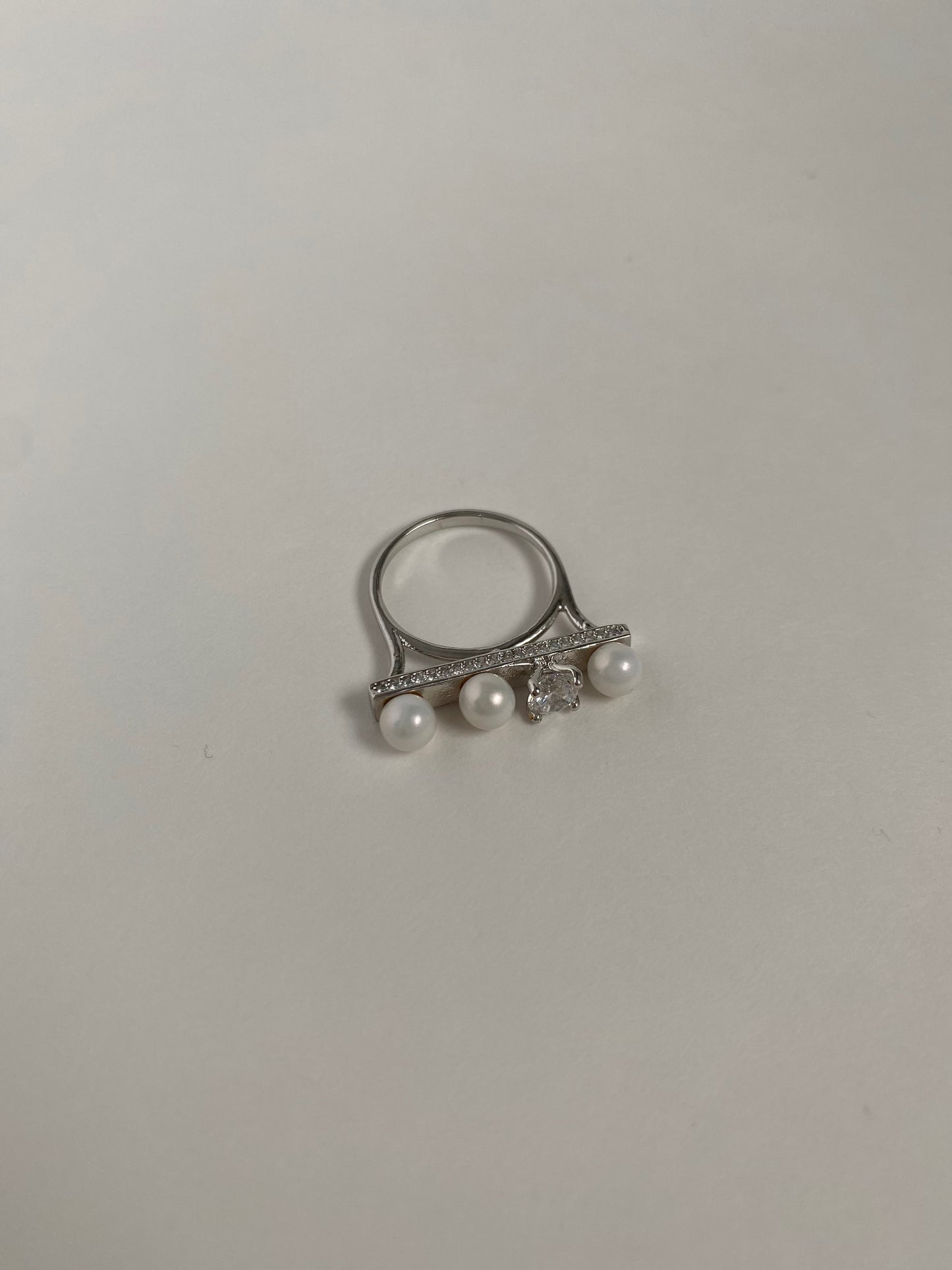 Pearl Diamante Bar Ring - Silver