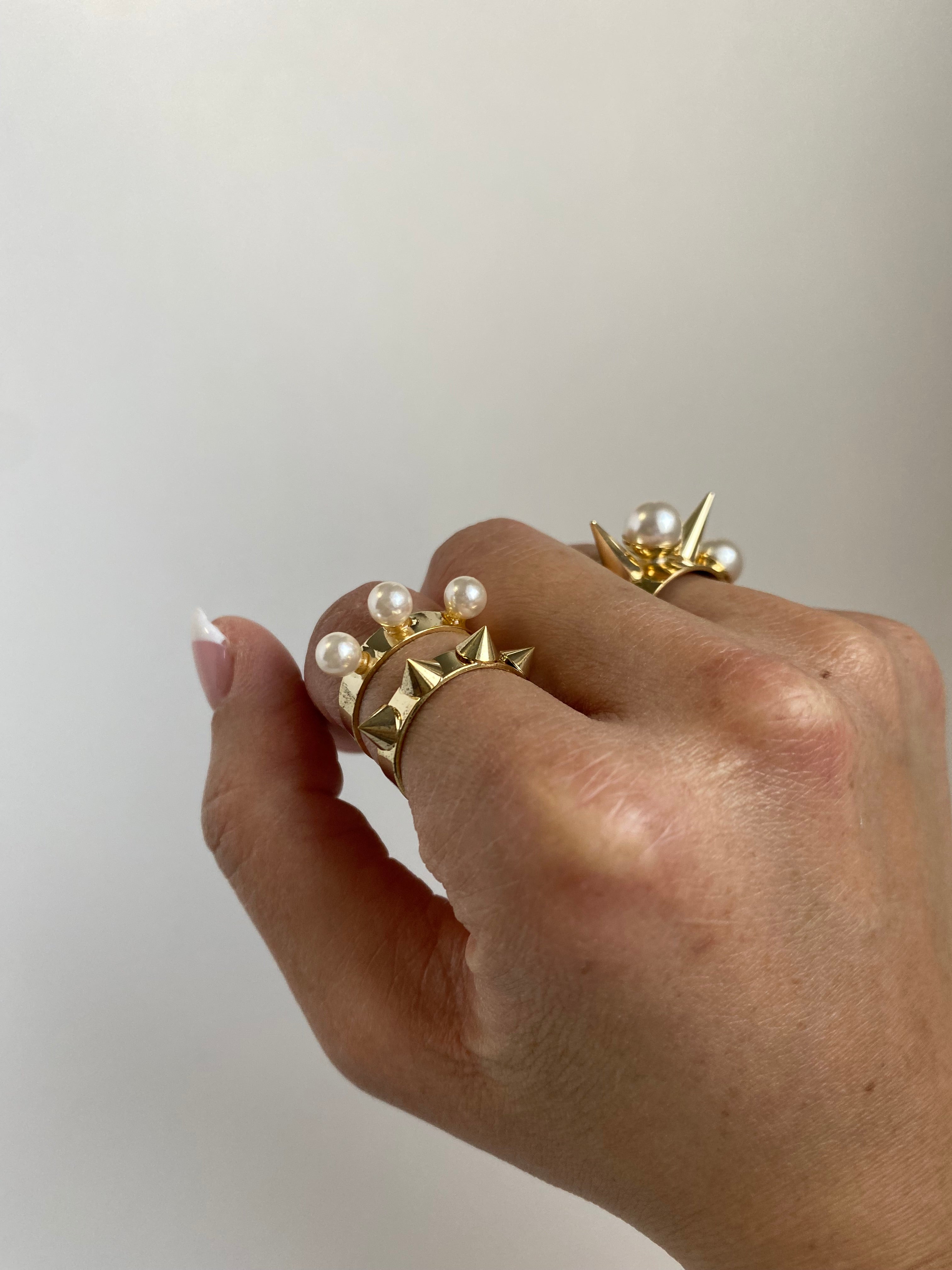 Spike Pearl Double Ring - Gold